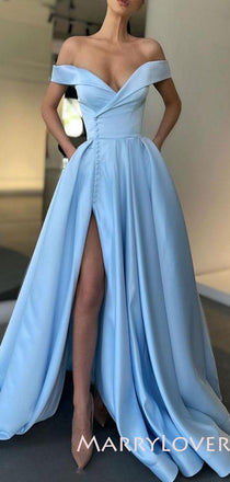 Off-shoulder Custom A-Line Satin Long Evening Prom Dresses, MR7025