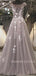 A-Line Lace Long Prom Dresses, Grey Lace Formal Evening Prom Dresses, MR7046