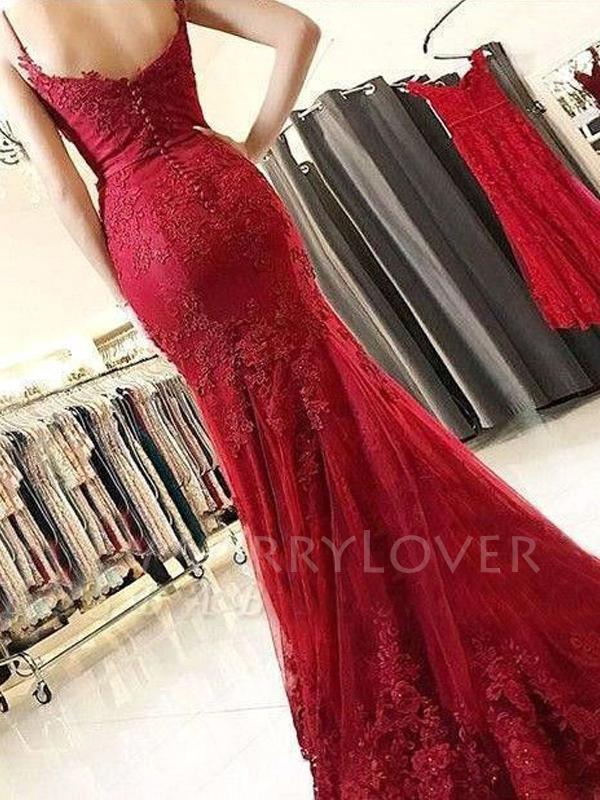 Sexy Lace Backless V Neck Tulle Long Evening Prom Dresses, MR7048