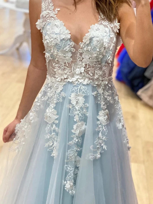 V-neck Lace Tulle Floor Length Long Evening Prom Dresses, MR7049