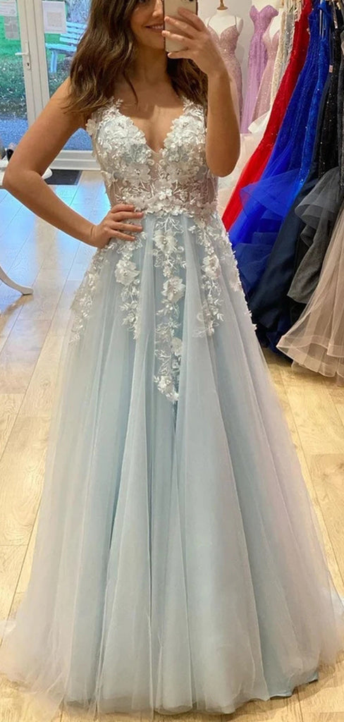 V-neck Lace Tulle Floor Length Long Evening Prom Dresses, MR7049