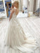 A-line Champagne Lace Long Evening Prom Dresses, Cheap Wedding dresses, MR7054