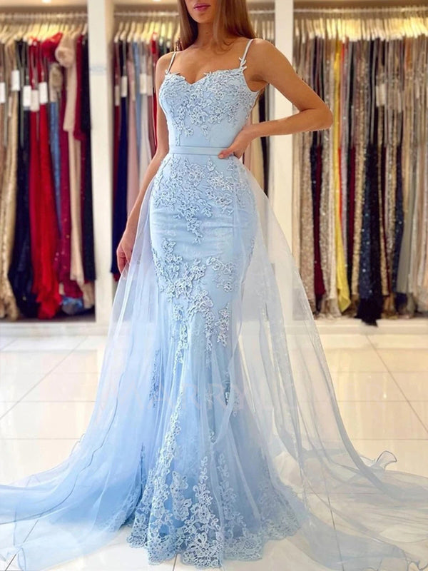 Sexy Mermaid Spaghetti Straps Lace Long Evening Prom Dresses, MR7055