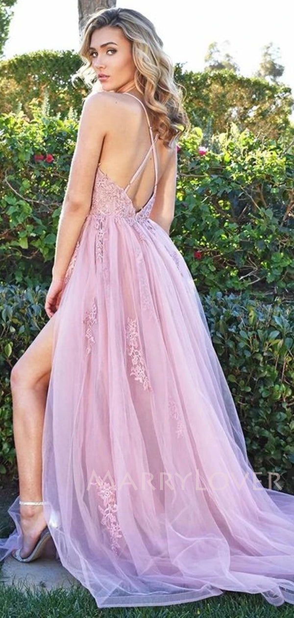 Sex Backless A-line Lace Long Evening Prom Dresses, Cheap Tulle Sweet – MarryLover