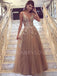 Lace Embroidery V-neck Tulle Floor Length A-line Long Evening Prom Dresses, MR7076