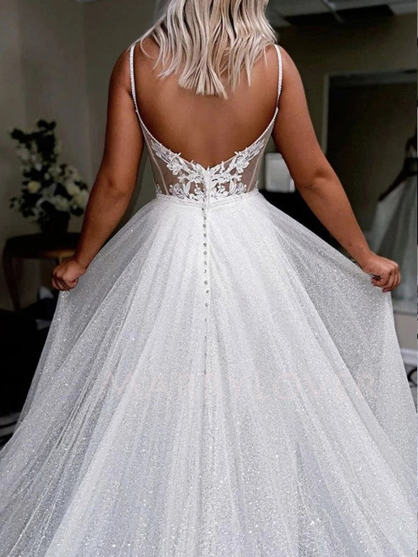 V neckline A-Line Sparkle Long Evening Prom Dresses, wedding dresses, MR7084