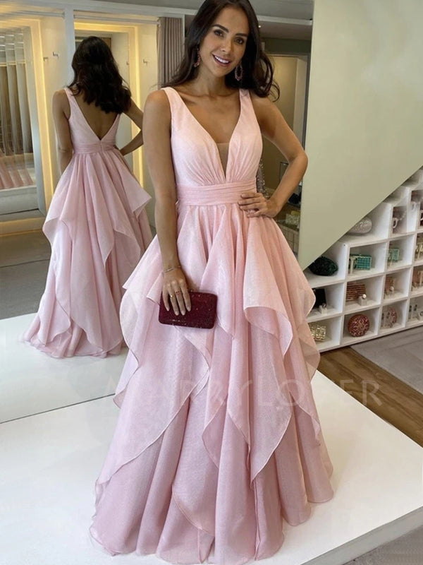 Sexy A-Line Pink Organza Long Evening Prom Dresses, Cheap Custom Prom Dresses, MR7096
