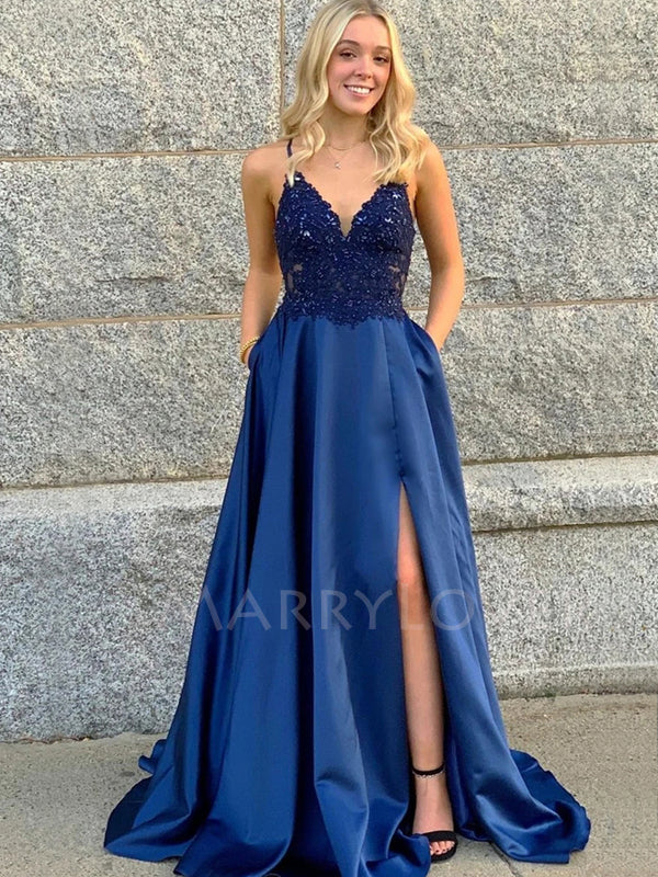 A-Line Lace Long Evening Prom Dresses, Cheap Sweet Prom Dresses, MR7098