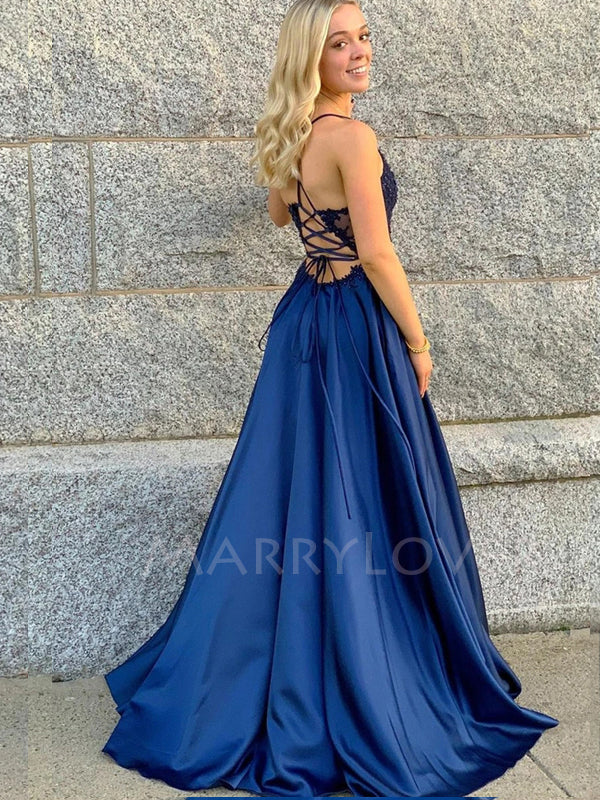 A-Line Lace Long Evening Prom Dresses, Cheap Sweet Prom Dresses, MR7098