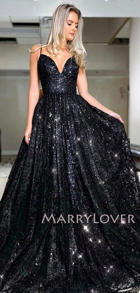 V Neck  Sparkle Black Long Evening Prom Dresses, Cheap Custom Sweet Prom dresses, MR7101