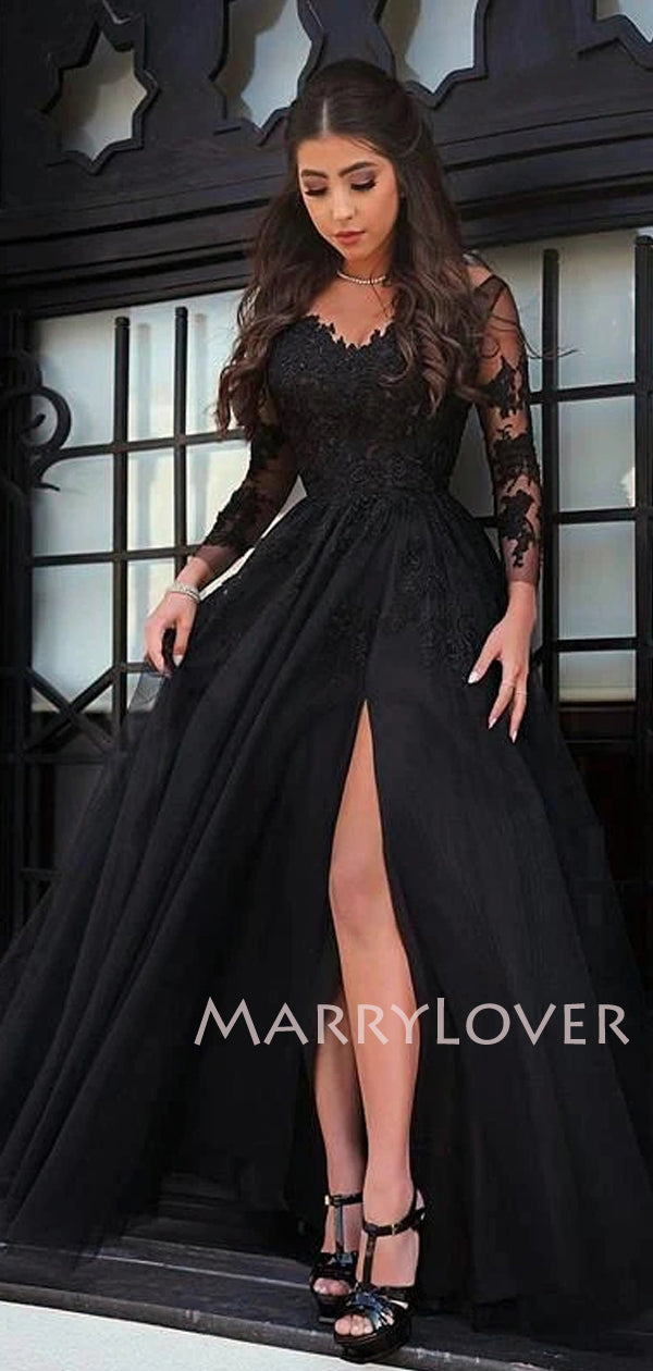 Sexy See Through Black Lace Long Sleeve A-Line Long Evening Prom Dress MarryLover Sexy See Through Black Lace Long Sleeve A-Line Long Evening Prom Dress MarryLover