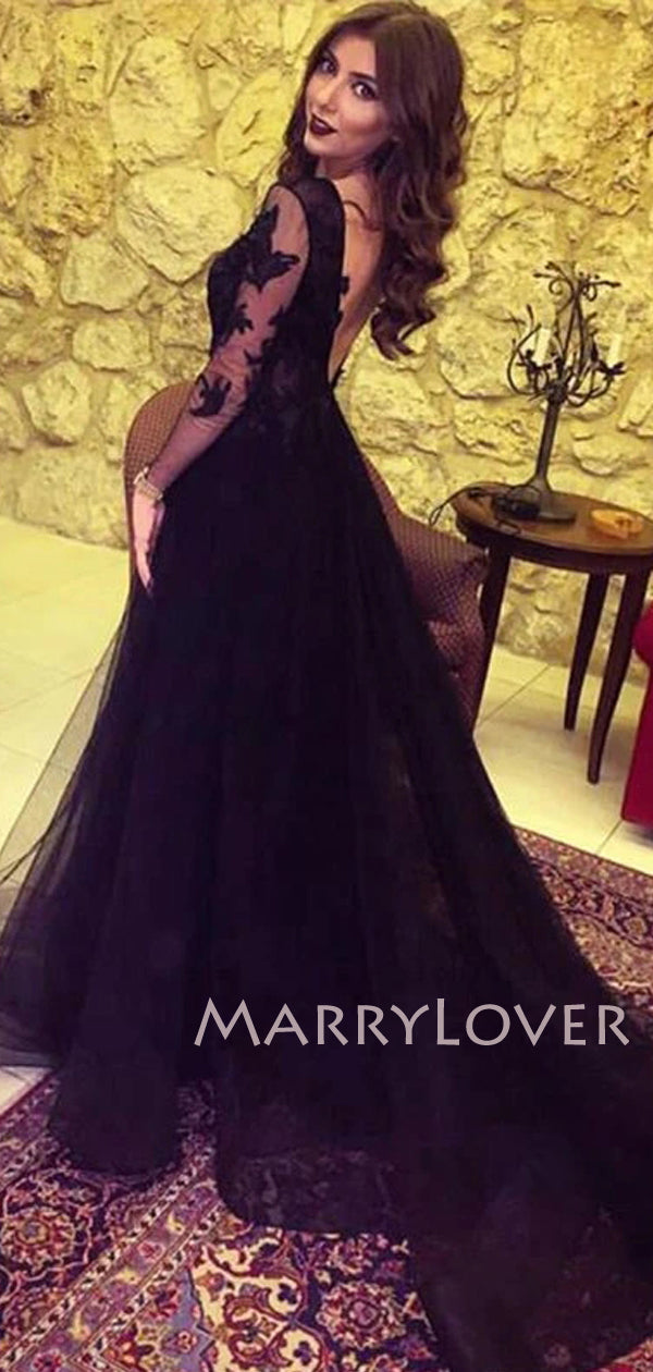 Sexy See Through Black Lace Long Sleeve A-Line Long Evening Prom Dress MarryLover Sexy See Through Black Lace Long Sleeve A-Line Long Evening Prom Dress MarryLover