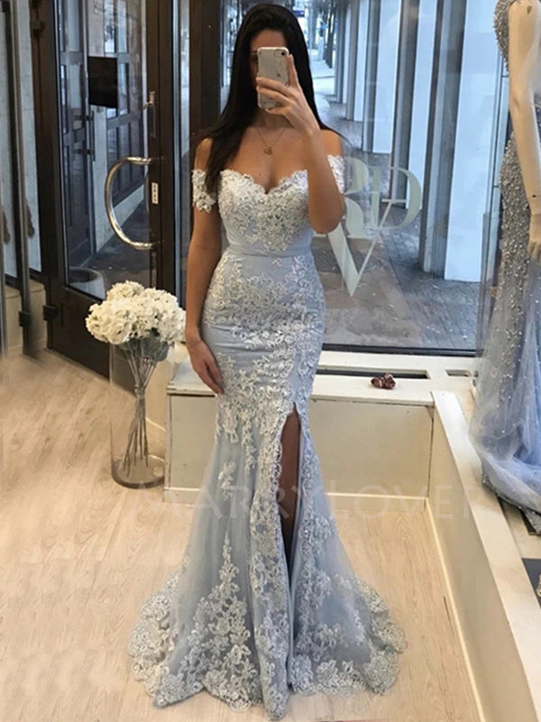 Mermaid Off-Shoulder Grey Lace Tulle Long Evening Prom Dresses, MR7105