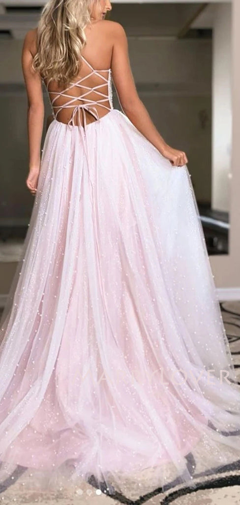 V Neck Backless Sparkly A-line Long Evening Prom Dresses, Cheap Tulle Sweet Dresses, MR7109
