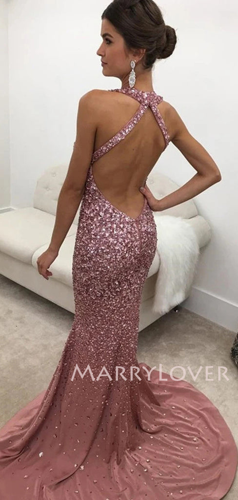 Sexy Backless Sequin Mermaid Deep V Neck Long Evening Prom Dresses, MR7111