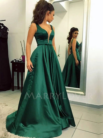Sexy Deep V Neck A-Line Backless Long Evening Party Prom Dresses, Cheap Prom Dresses,MR7116