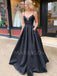 A-Line Satin V Neckline Long Black Evening Prom Dresses, Cheap Custom prom dresses, MR7129