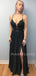 Backless Black Lace Long Chiffon Evening Prom Dresses With Split, V Neck Prom Dresses, MR7132