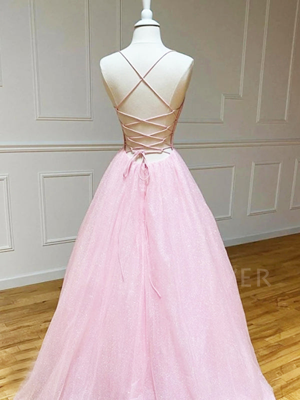 Spaghetti Straps A-Line Pink Backless Long V Neck Evening Prom Dresses, MR7062