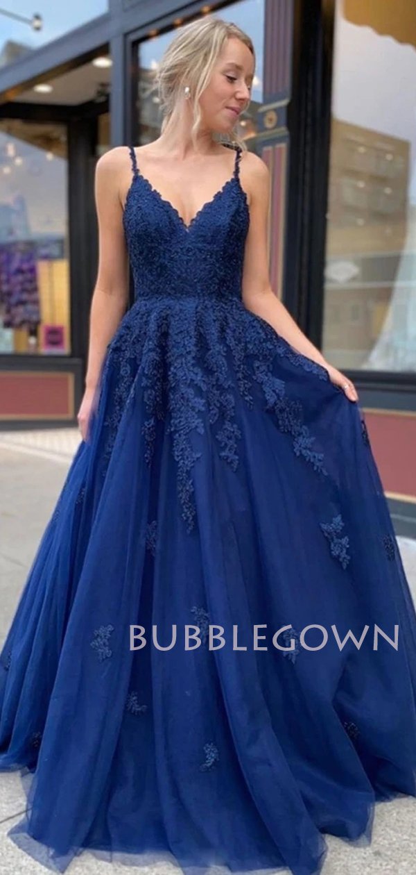 Dark Blue V Neck Backless Lace Tulle Long Evening Prom Dresses, Cheap MarryLover Dark Blue V Neck Backless Lace Tulle Long Evening Prom Dresses, Cheap MarryLover