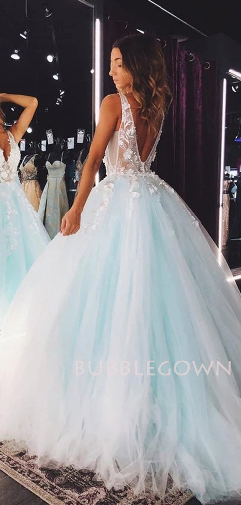 Deep V Neck Backless Lace Tulle Long Evening Prom Dresses, Cheap Sweet Prom Dresses, MR7171