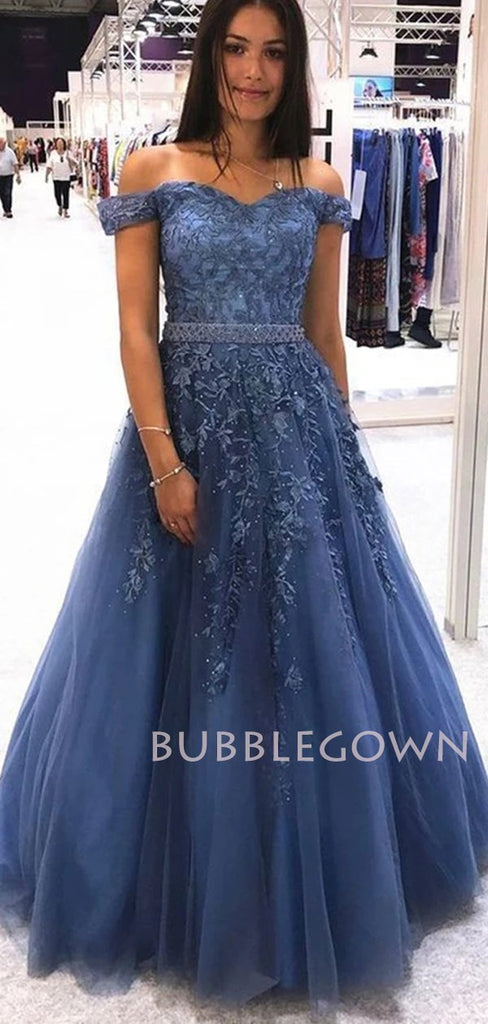Sexy Off Shoulder Tulle Floor Length Navy Blue Lace A-line Long Evening Prom Dresses, Cheap Prom Dress, MR7176