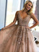 V-neck Tulle Floor Length Lace A-line Long Evening Prom Dresses, Cheap Custom Prom Dresses, MR7184