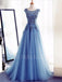 Sexy See Throuth Blue Lace Long Evening Prom Dresses, Cheap Sweet Prom Dresses, MR7204