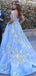 Off Shoulder A-Line Blue Long Evening Prom Dresses, Cheap Prom Dresses, MR7208