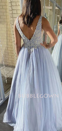 Sexy V-neck Tulle A-line Long Evening Prom Dresses, Cheap Custom Prom Dresses, MR7211