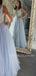 Sexy V-neck Tulle A-line Long Evening Prom Dresses, Cheap Custom Prom Dresses, MR7211