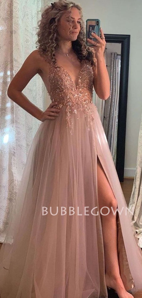 Sexy See Throuth V Neck Tulle Side Slit Long Evening Prom Dresses, Cheap Prom Dress, MR7221