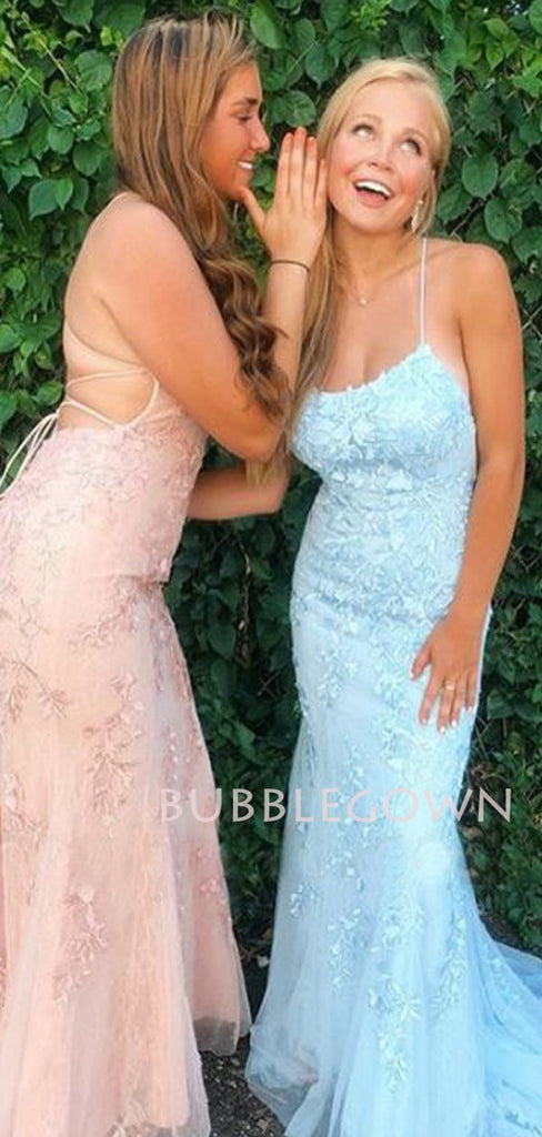 Sexy Mermaid Spaghetti Straps Dusty Blue Lace Long Evening Prom Dresses, MR7223