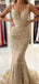 Champagne Gold Mermaid V Neck Lace Long Evening Prom Dresses, MR7228