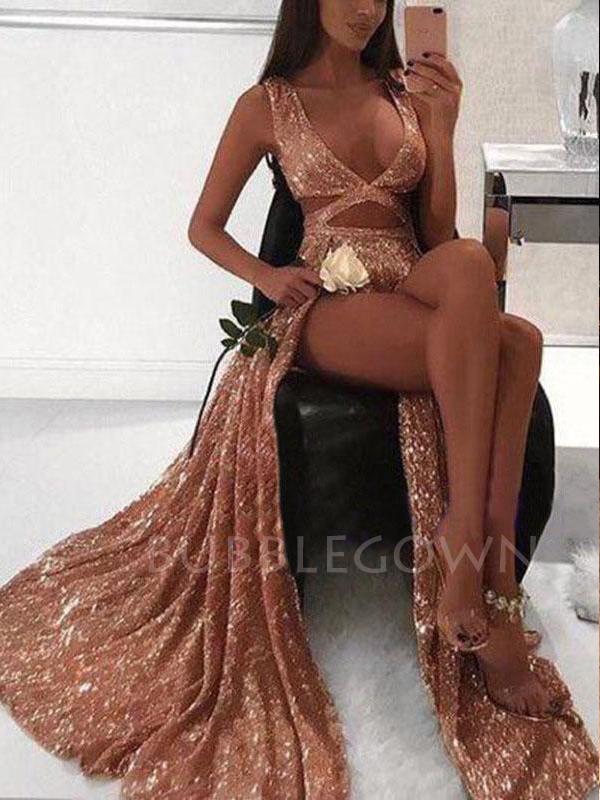 Rose Gold Sequin Sexy Side Slit Long Evening Prom Dresses, Cheap Custom Prom Dresses, MR7231