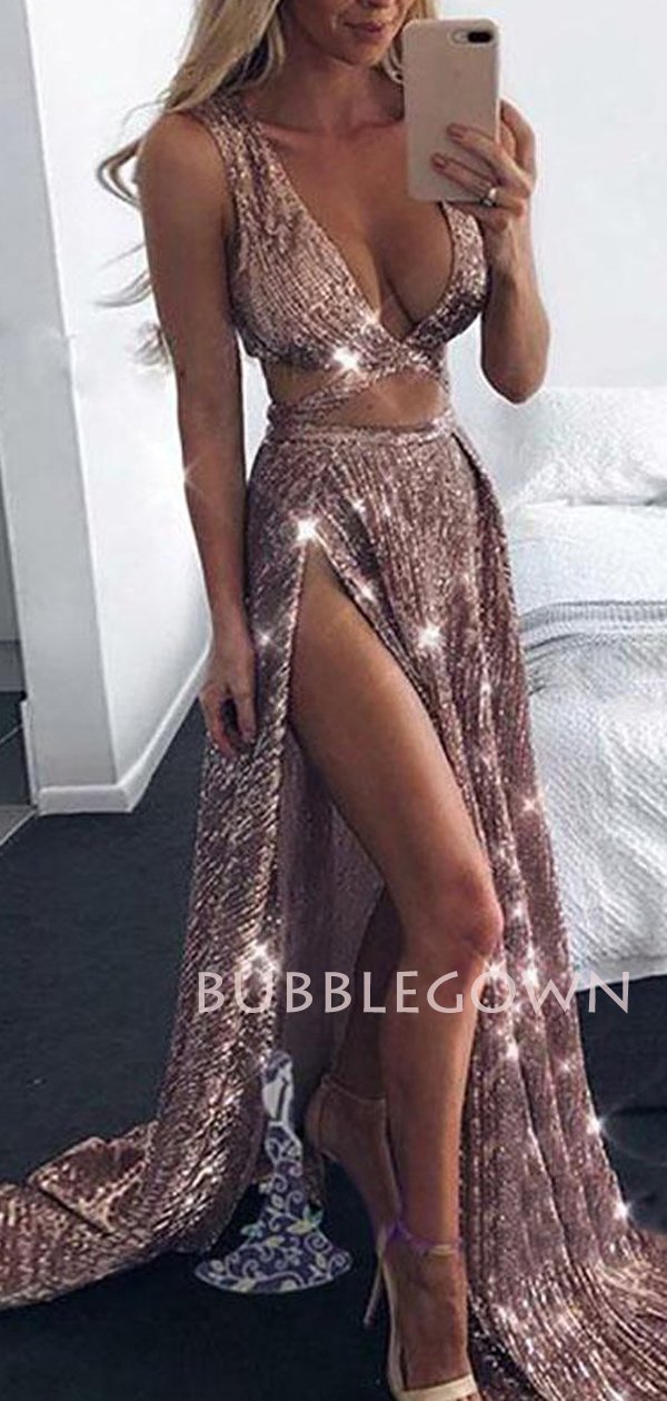 Rose Gold Sequin Sexy Side Slit Long Evening Prom Dresses, Cheap Custom Prom Dresses, MR7231 Rose Gold Sequin Sexy Side Slit Long Evening Prom Dresses, Cheap Custom Prom Dresses, MR7231