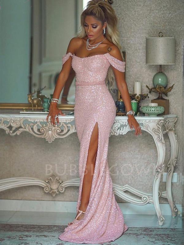 Off the Shoulder Pink Sequins Crystals Prom Dresses Side Leg Split