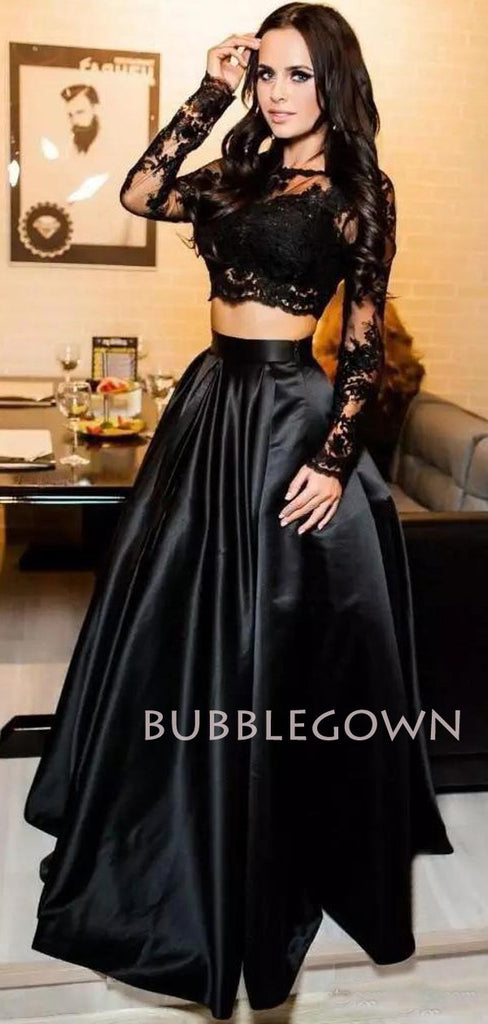 Black Long Sleeves Two Pieces Lace Satin Long Evening Prom Dresses, Long Custom Party prom dresses, MR7237