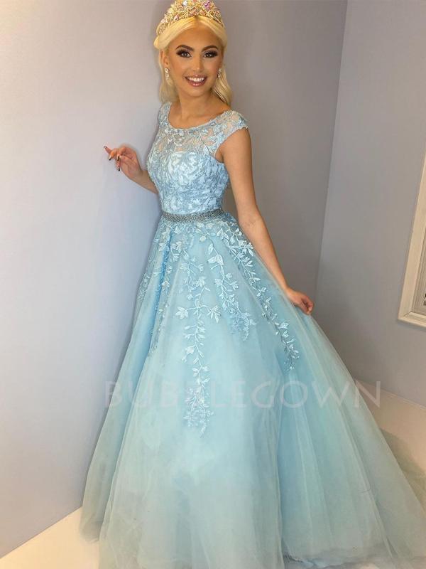 Blue Lace A-line Tulle Long Evening Prom Dresses, Evening Party Prom Dresses, MR7240
