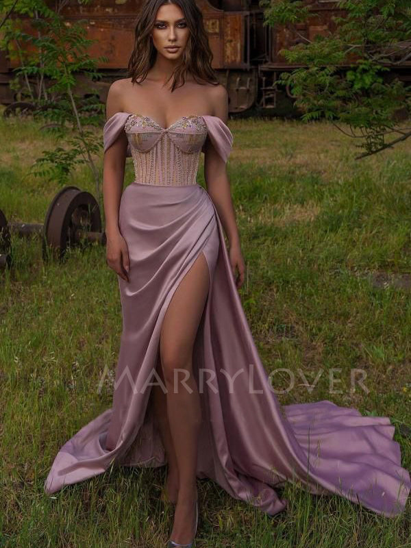 Off Shoulder Side Slit Dusty Purple Long Evening Cheap Party Prom Dresses, Cheap Prom Dresses, MR7241 Off Shoulder Side Slit Dusty Purple Long Evening Cheap Party Prom Dresses, Cheap Prom Dresses, MR7241