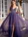 Deep V Neck Backless Purple Tulle Long Evening Prom Dresses, Cheap Tulle Sweet Dresses, MR7243