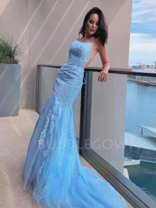 Spaghetti Straps Mermaid blue Lace Long Evening Prom Dresses, MR7244