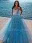 Blue Sharkly A-Line Long Evening Prom Dresses, Cheap Custom Prom Dresses, MR7252