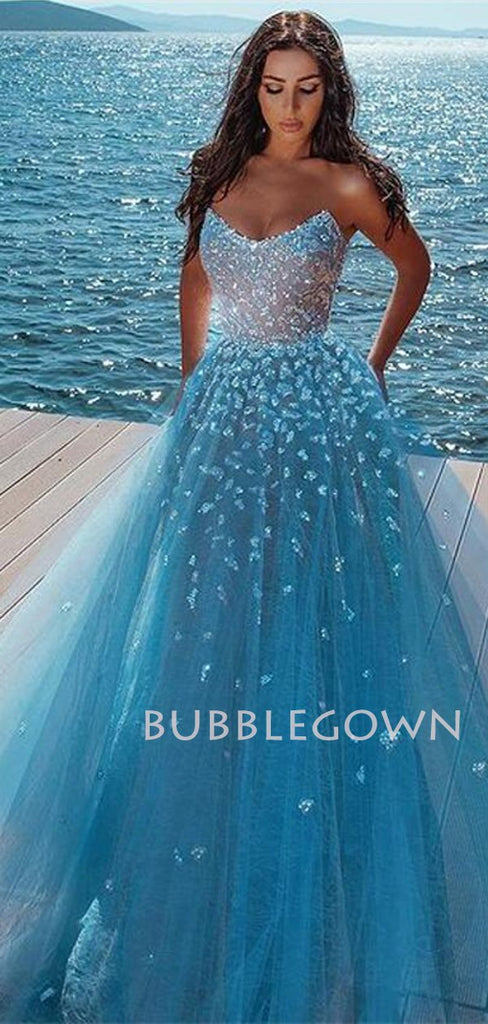Blue Sharkly A-Line Long Evening Prom Dresses, Cheap Custom Prom Dresses, MR7252