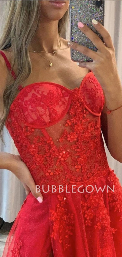 See Throuth Red Spaghetti Straps A-Line Long Evening Prom Dresses, MR7254