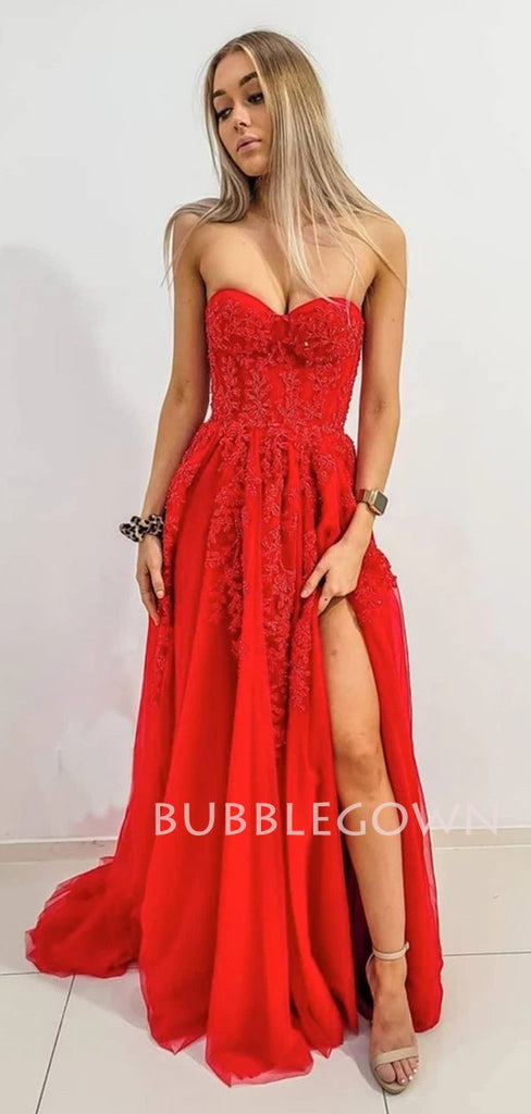Sexy Backless Red Tulle Side slit Lace Long Evening Prom Dresses, Cheap Tulle Sweet Dresses, MR7255