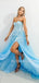 A-Line Tulle Side slit Blue Lace Long Evening Prom Dresses, Cheap Tulle Sweet Dresses, MR7256