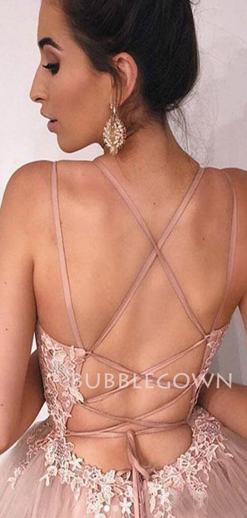 Deep V-neck Spaghetti Straps A-line Long Evening Prom Dresses, Cheap Custom Backless prom dress, MR7258