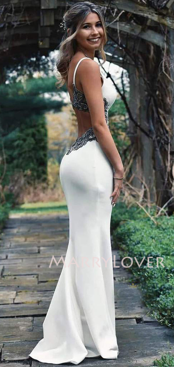 Deep V Neck White Satin Mermaid Backless Long Evening Prom Dresses, Ch MarryLover Deep V Neck White Satin Mermaid Backless Long Evening Prom Dresses, Ch MarryLover