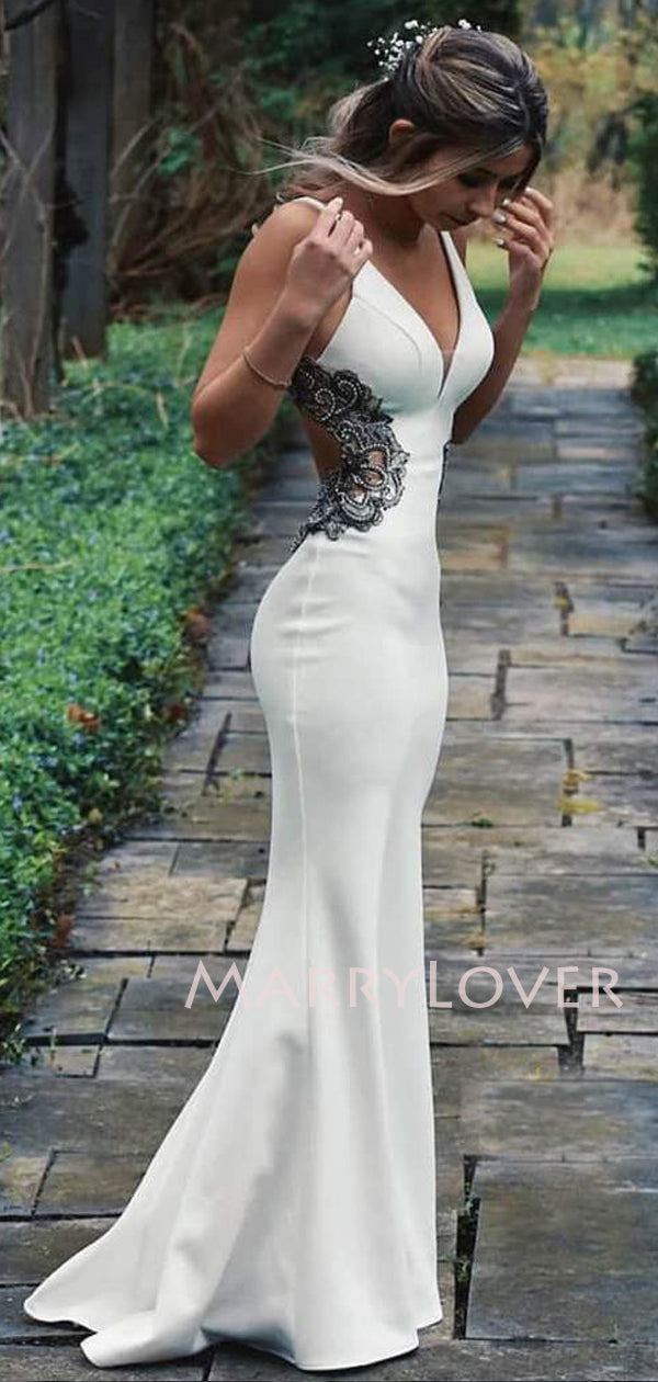 Deep V Neck White Satin Mermaid Backless Long Evening Prom Dresses, Ch MarryLover Deep V Neck White Satin Mermaid Backless Long Evening Prom Dresses, Ch MarryLover